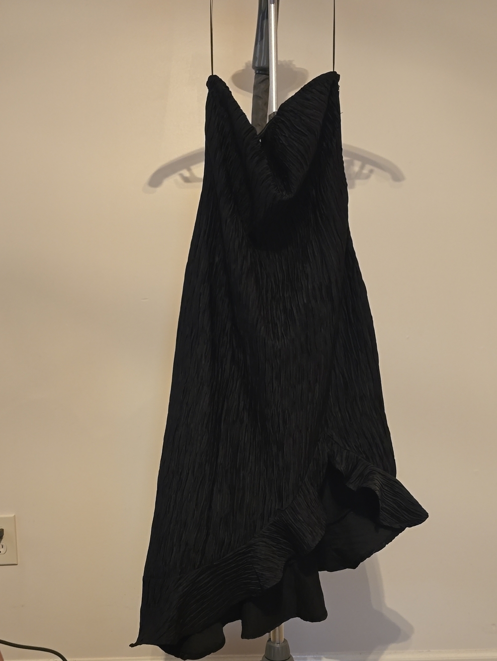 Storia Black Asymmetrical Cowl Slip Dress with Ruffle Hemline